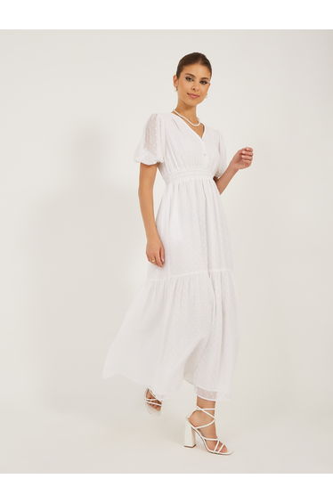 Dobby Design V Neck A-Line Dress