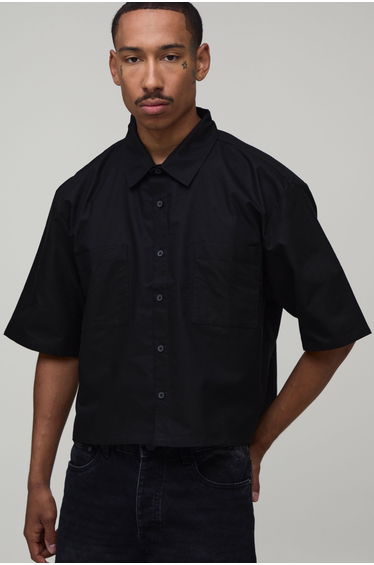 Boxy Cropped Half Sleeve Oxford Shirt - black