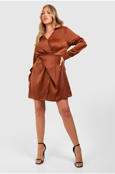Plus Satin Wrap Collar Dress - chocolate