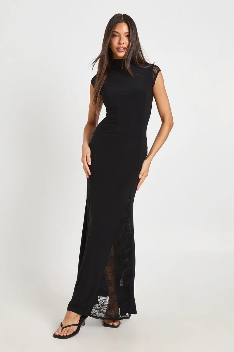 Slinky Grown On Neck Maxi Dress With Lace Inserts - black