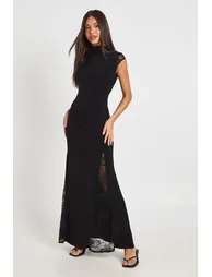 Slinky Grown On Neck Maxi Dress With Lace Inserts - black - 2