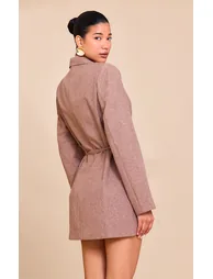 Mocha Woven Tie Belt Blazer Dress - 2