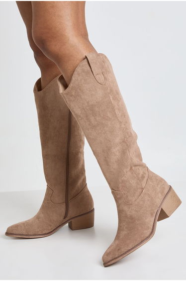 Faux Suede Knee High Western Cowboy Boots - taupe
