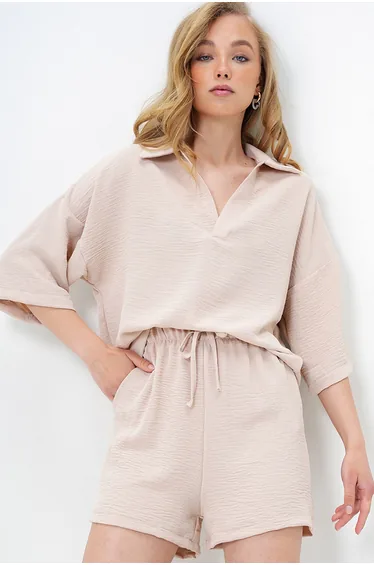 Women's Beige Polo Neck Aerobin Blouse and Shorts Set
