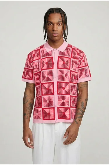 Relaxed Crochet Tapestry Knitted Shirt - pink