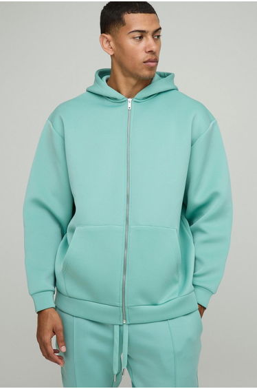 Oversized Zip Through Bonded Scuba Hoodie - green