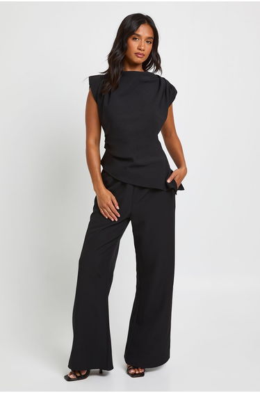 Petite Asymmetric Shoulder Pad Top & Straight Leg Trouser Co-Ord - black