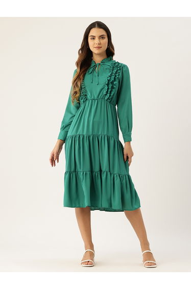 Women Green Tie-Up Neck Tiered Midi Dress