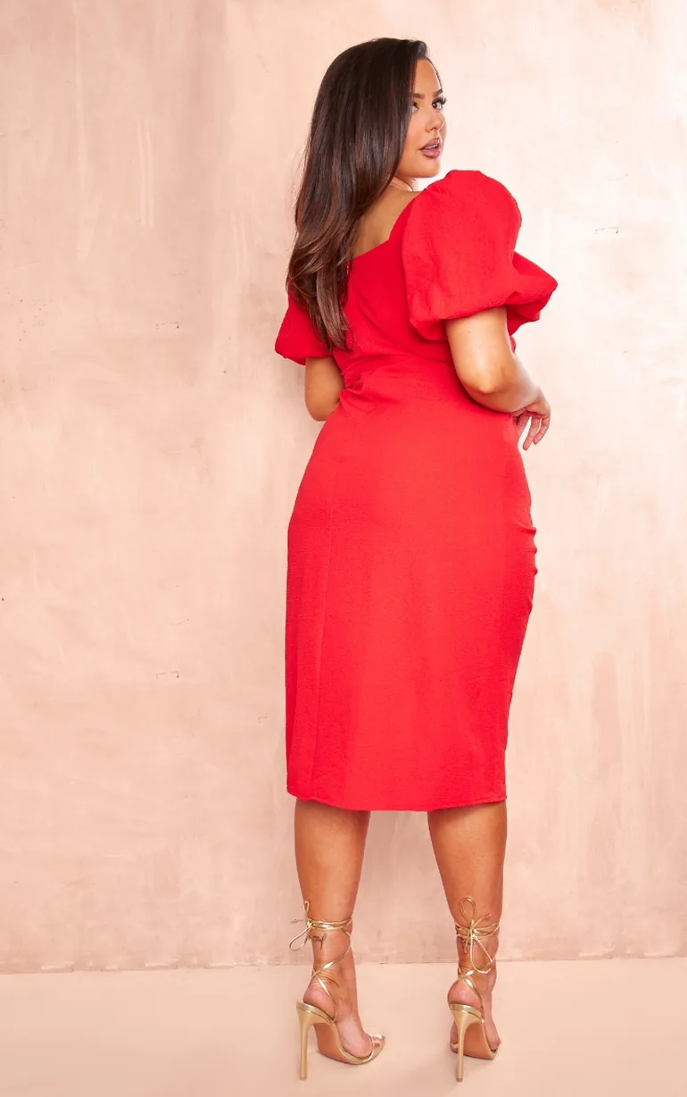 puff sleeve ruched side split midi dress Women's Plus Chocolate Jacquard Puff Sleeve Ruched Split Side Midi Dress