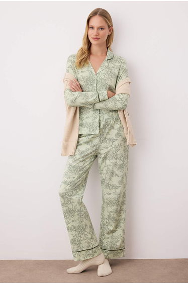 Green 100% Cotton Floral Shirt Collar Knitted Pajama Set
