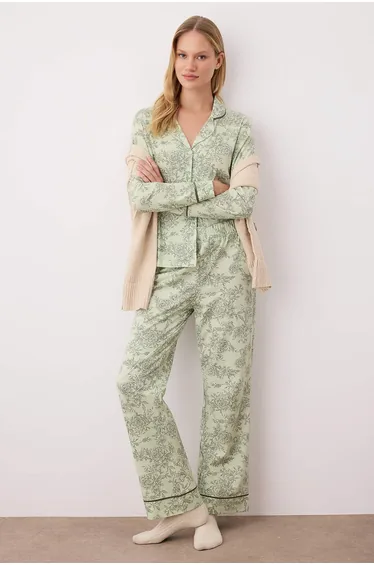 Green 100% Cotton Floral Shirt Collar Knitted Pajama Set