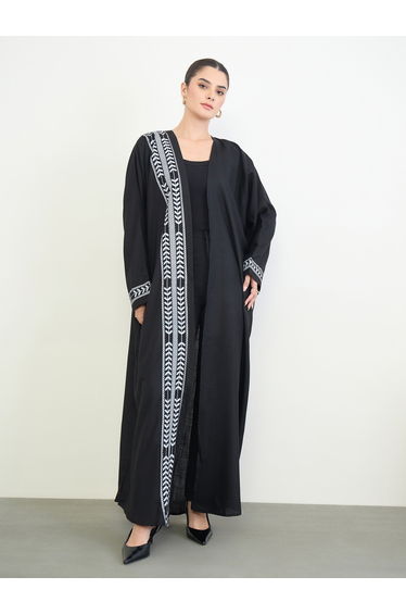 Black Printed Open Front A-Line Abaya