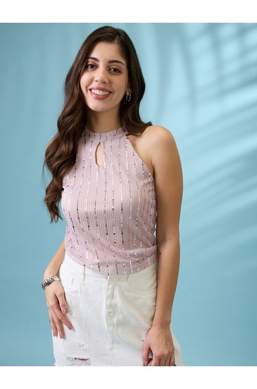 Women Pink Keyhole Neck Sequined Top