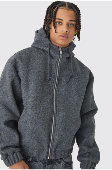 Boxy Melton Hooded Bomber Jacket In Charcoal