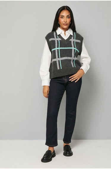 Petite 2 in 1 Check Knitted Tank And Shirt