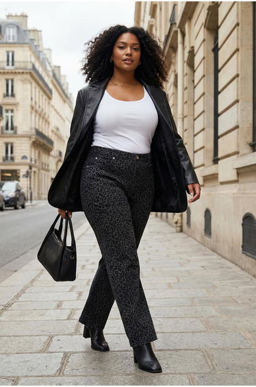 Black suede look leopard print high waist plus size wide leg jeans