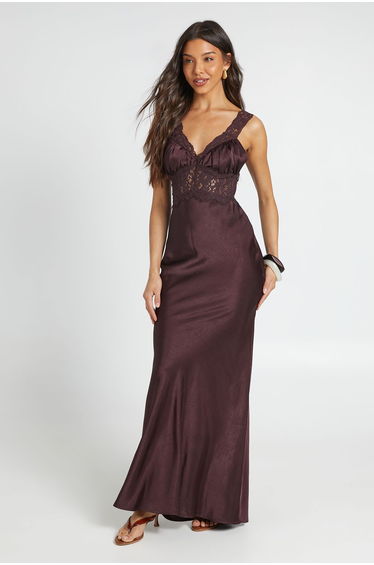 Crinkle Textured Satin & Lace Maxi Dress - chocolate