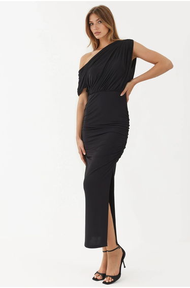 Slit Detailed Asymmetrical Collar Elastic Midi Wrap Dress