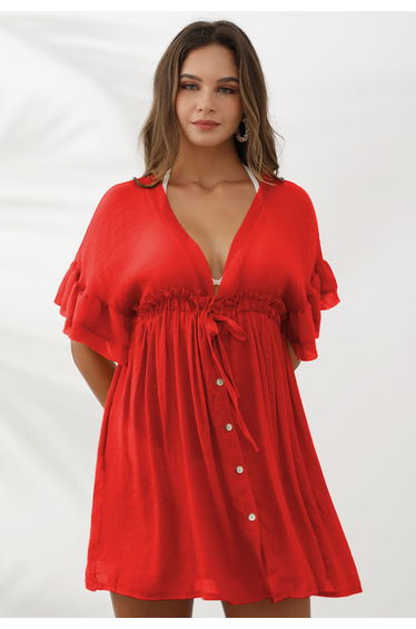 Deep V-Neck Flounce Sleeve Buttoned Cover-Up in Red