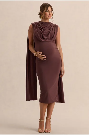 Milaine | Dark Brown Round-Neck Maternity Midi Dress With Cape Sleeves