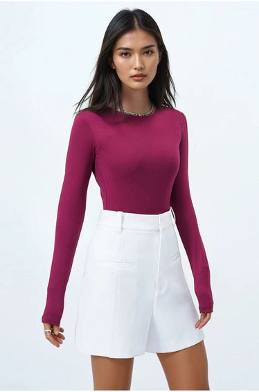 Women's Burgundy Crew Neck Overalls with Snap Buttons on the Bottom
