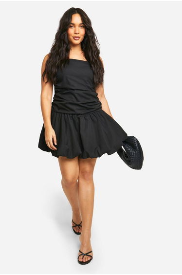 Plus Ruched Bandeau Puff Ball Mini Dress - black