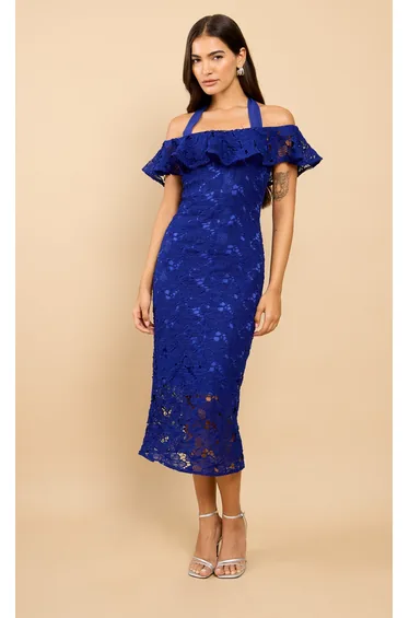 Cassia Blue Crochet Bardot Midaxi Dress