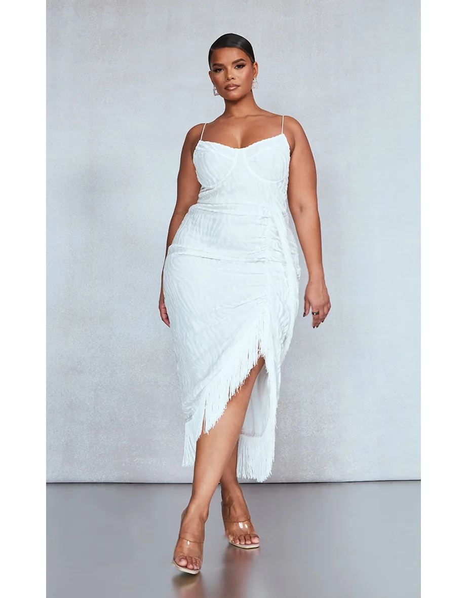 white devore tassel detail underwired draped midi dress PrettyLittleThing Women's Plus Devore Tassel Detail Underwired Draped Midi Dress in White