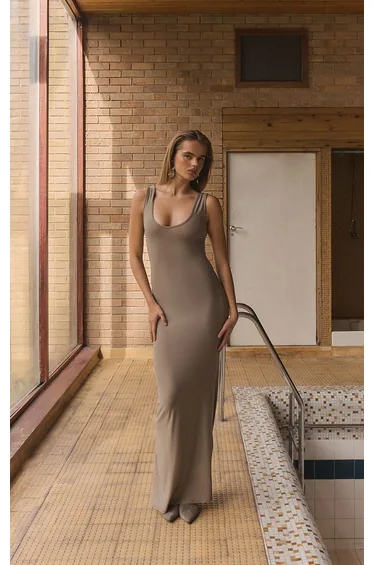 Taupe Brushed Jersey Scoop Neck Maxi Dress