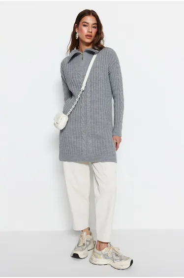 Gray Thessaloniki Knitted Zippered Knitwear Sweater