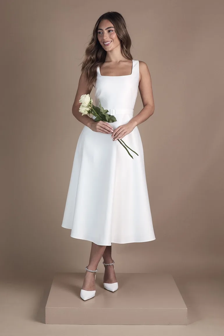 Belted Twill Midi Wedding Dress