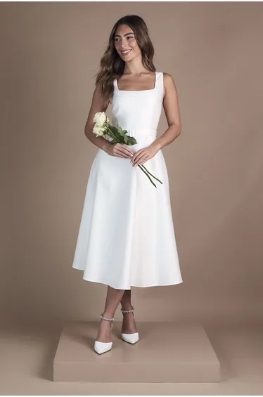 Belted Twill Midi Wedding Dress