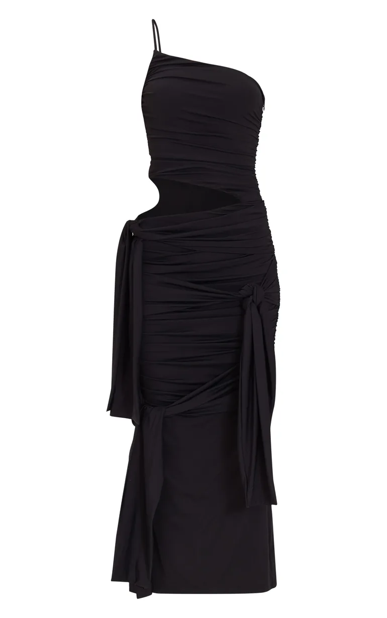 Black Slinky Jersey Knot Detail Cut Out One Shoulder Maxi Dress - 4