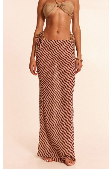 Tan Striped Print Sheer Low Rise Maxi Skirt