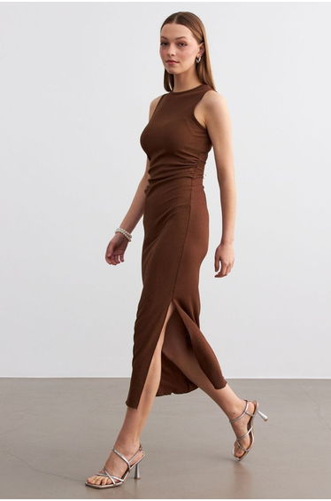 Women's Brown Midaxi Length Slit Waist Shirring Detail Crinkle Dress