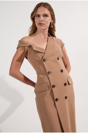 Compact Stretch Asymmetric Collar Tailored Pencil Maxi Dress