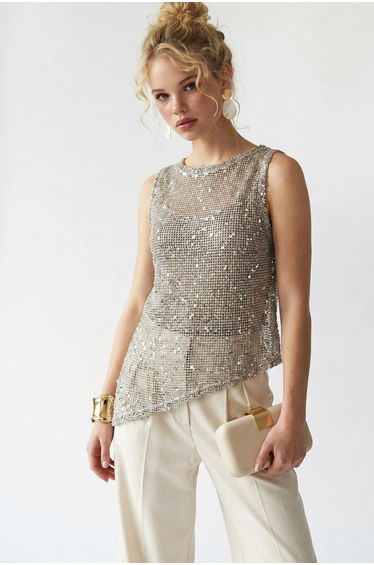 MIXRAY Sequin Sleeveless Crew Neck Blouse