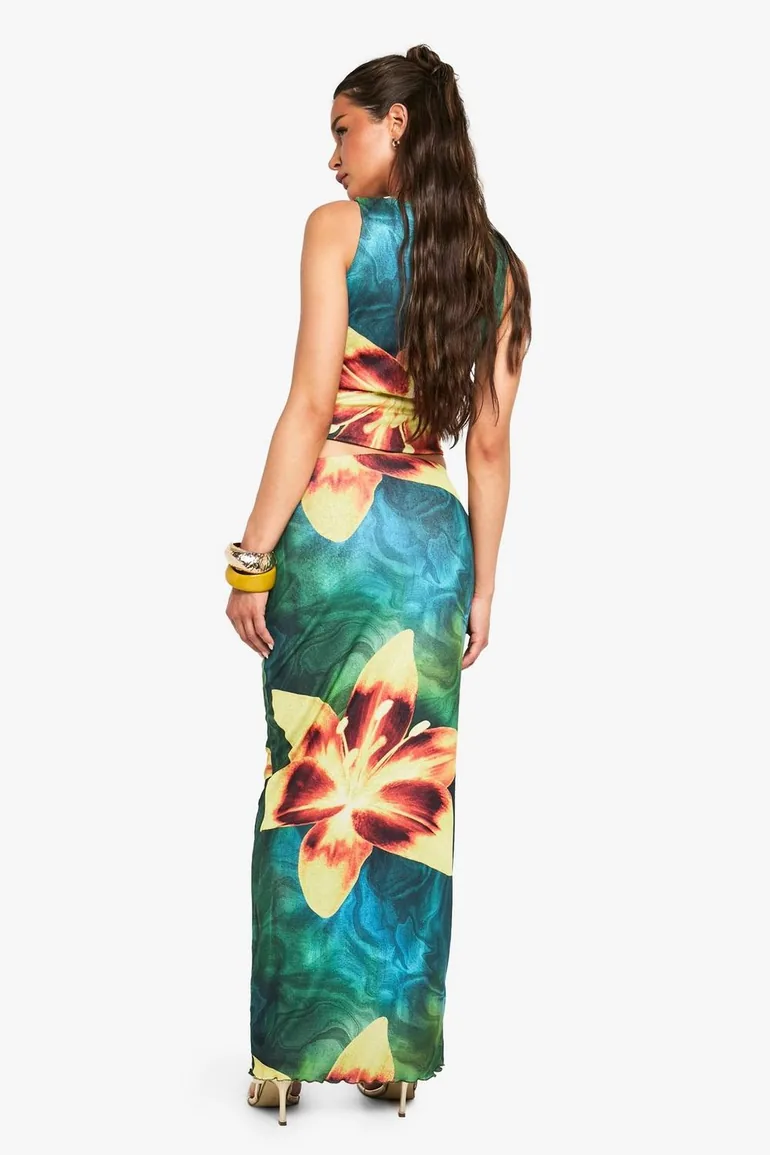 Floral Printed Mesh Column Maxi Skirt - green - 1