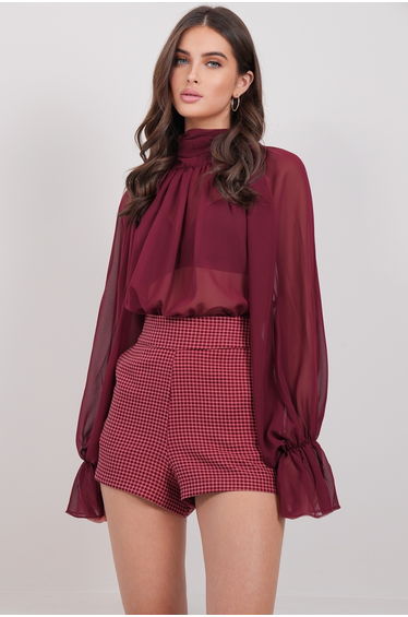 Women's Burgundy Plaid Patterned Shorts