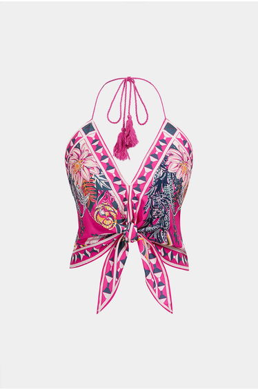 Geometric Leaves Print Halter V-Neck Tie-Up Cami Top