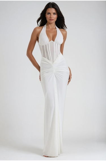 Fancy Halter Neck Corset Maxi Dress In White