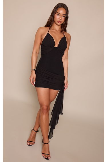 Black Woven Draped Cup Detail Mini Dress