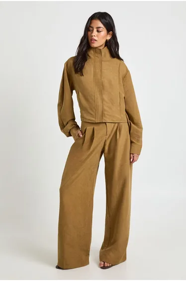 Funnel Neck Balloon Sleeve Zip Through Top - olive