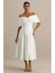 Pettie | White Short-Sleeve Bardot Dress With Bow Detail - 4