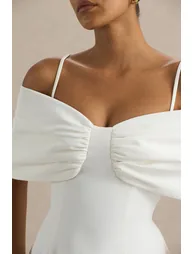 Pettie | White Short-Sleeve Bardot Dress With Bow Detail - 6