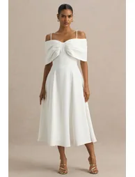 Pettie | White Short-Sleeve Bardot Dress With Bow Detail - 3