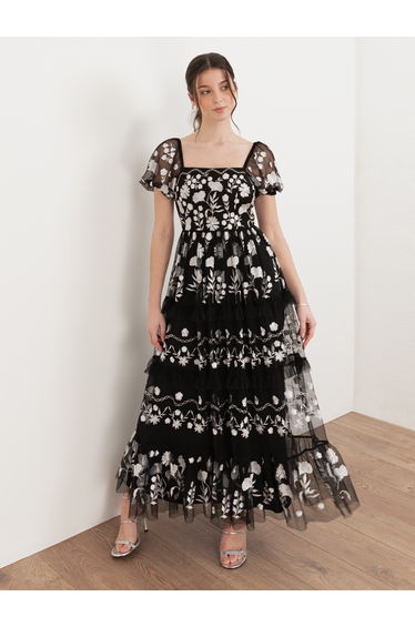 Maya Black Floral Embroidered Short Sleeve Midaxi Dress