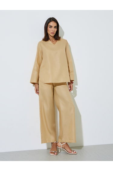 Beige Solid V-Neck Top and Wide Leg Pants Set