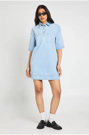 Tall Short Sleeve Denim Dress - bleached blue