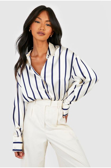 Fine Stripe Satin Shirt - cream